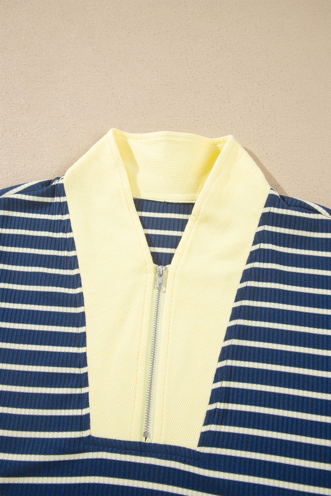 Blue Stripe Color Block Patchwork Zip V Neck Pullover Loose Pants 2pcs Set