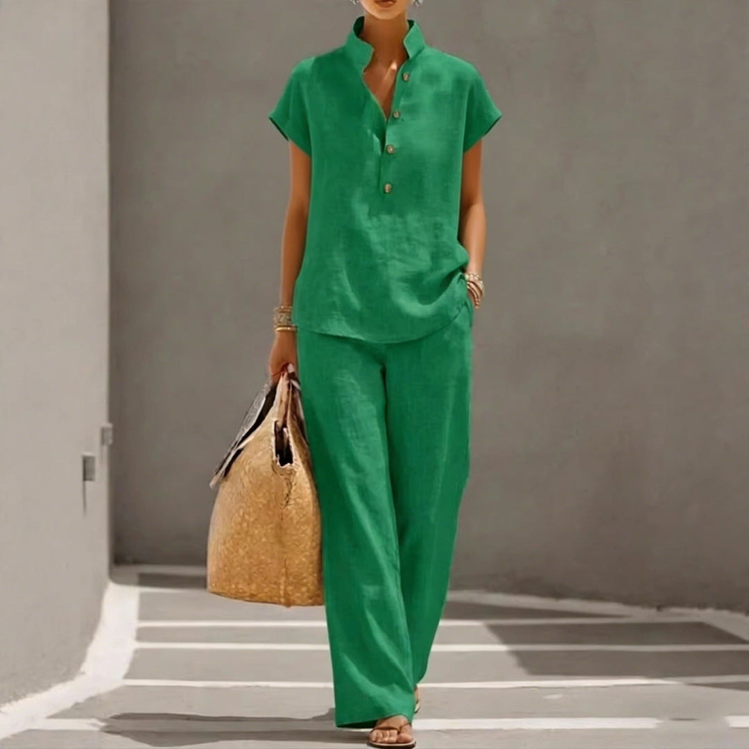 Cardigan &amp; Short Sleeve Top + Pants Three-Piece Set – Solid Color Casual Lounge
