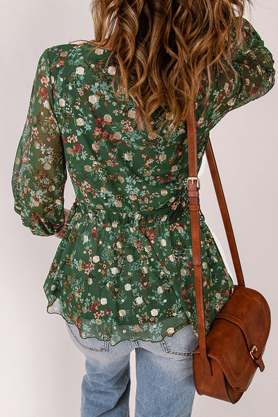 Green Floral Print Wrap V Neck Peplum Top