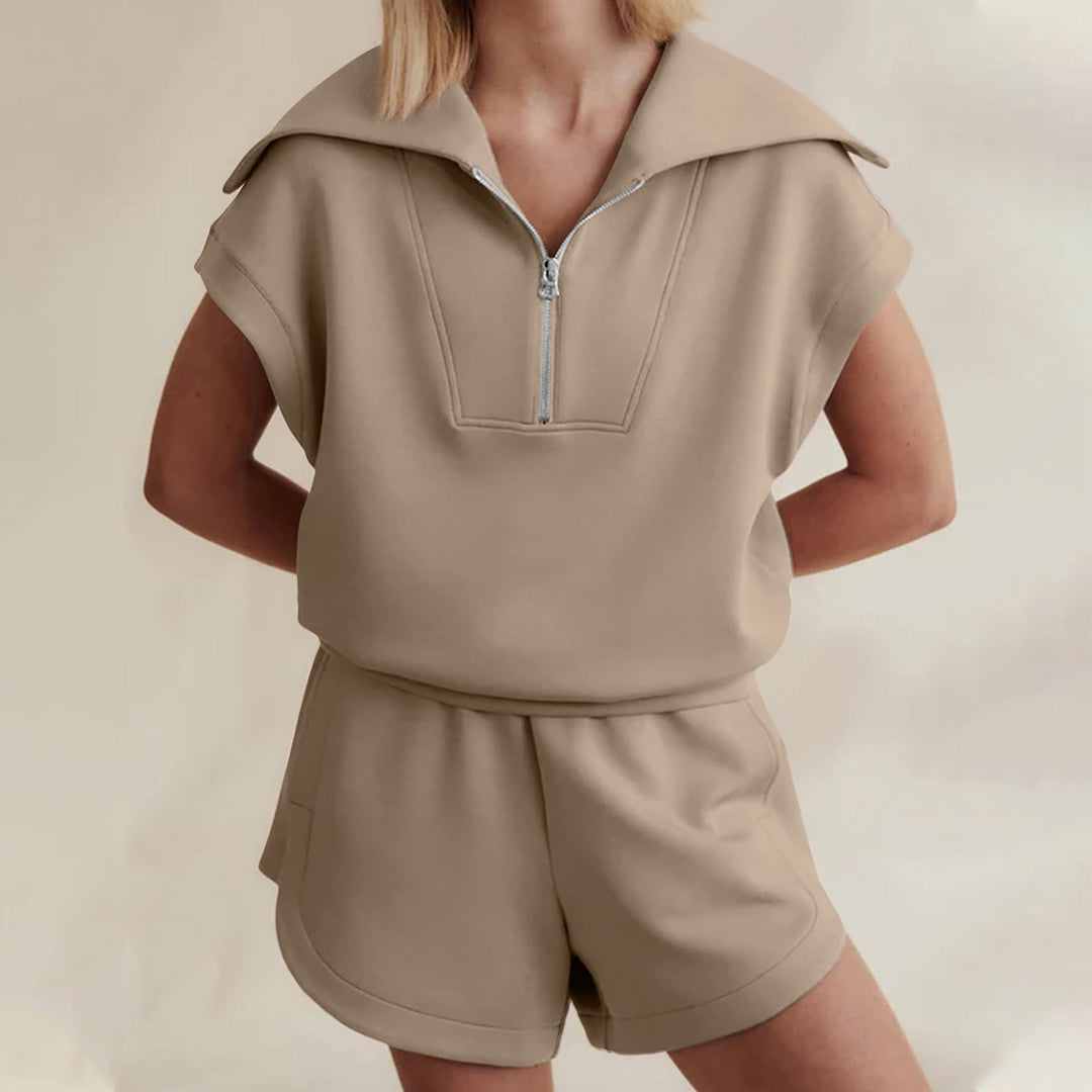 Half-Zip Lapel Sweatshirt &amp; Shorts Two-Piece Set | 6 Colors