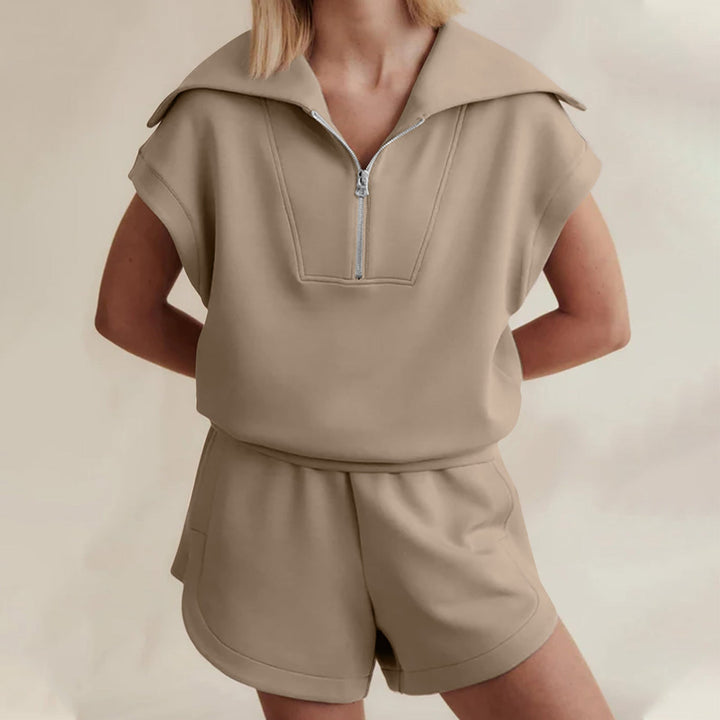 Half-Zip Lapel Sweatshirt &amp; Shorts Two-Piece Set | 6 Colors