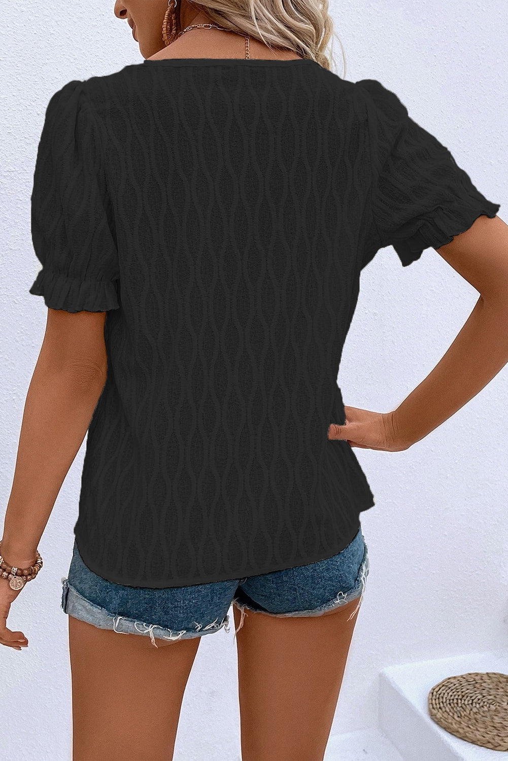 Black Solid Color Textured Notched Neck Puff Sleeve Blouse