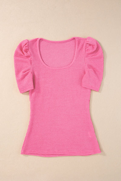 Bright Pink Waffle Knit Ruched Puff Sleeve Top