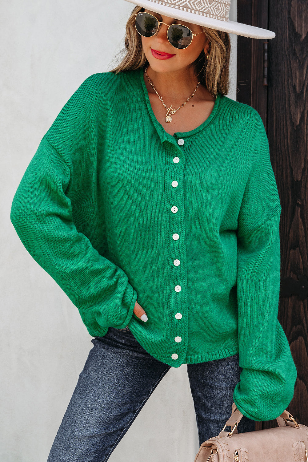 Wisteria Solid Color Knit Button Drop Shoulder Sweater Cardigan