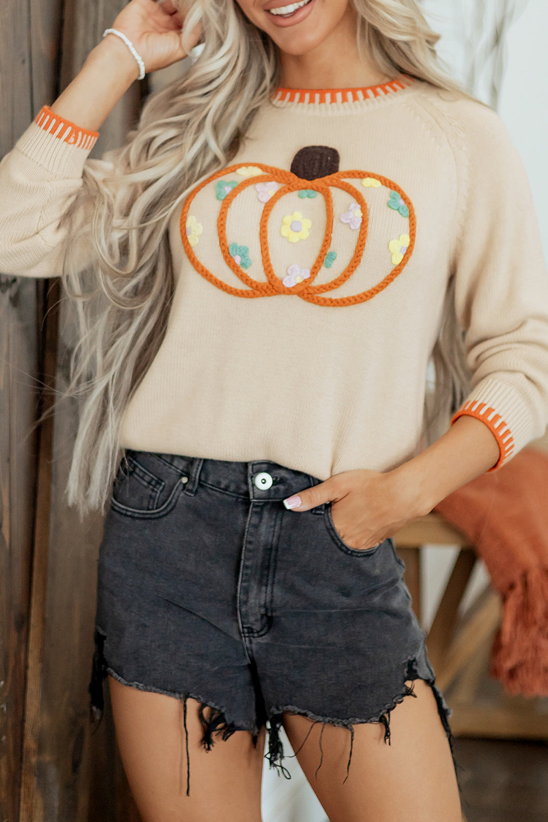 Parchment Floral Embroidery Pumpkin Long Sleeve Round Neck Sweater