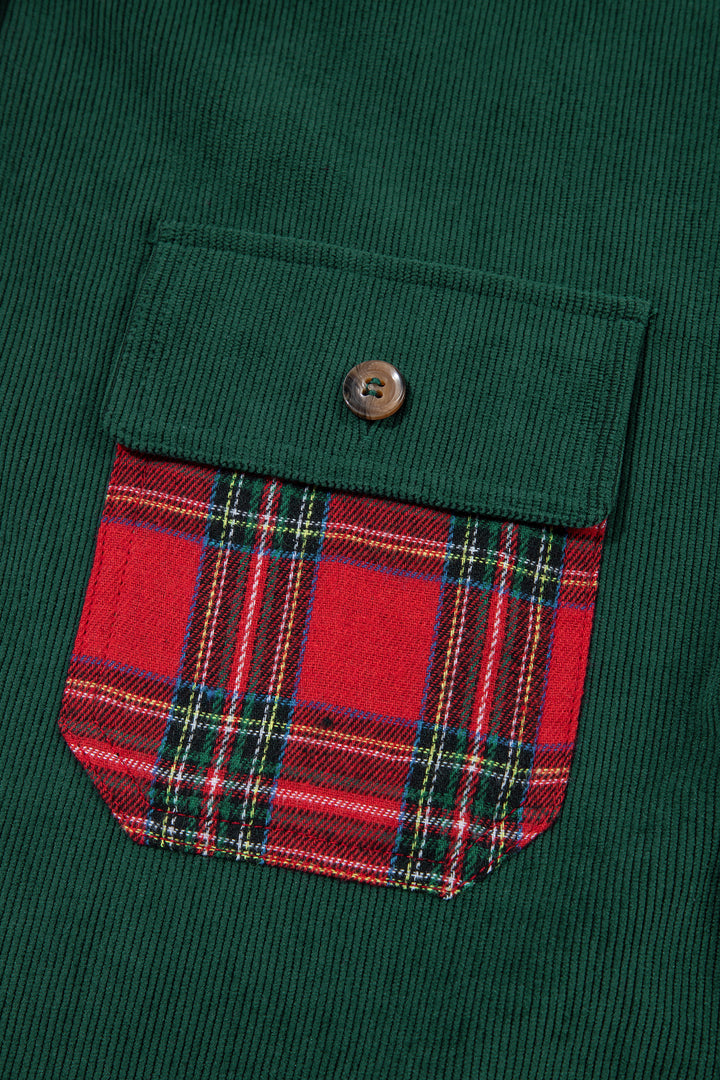 Blackish Green Plaid Pocket Button Long Sleeve Shift Shacket