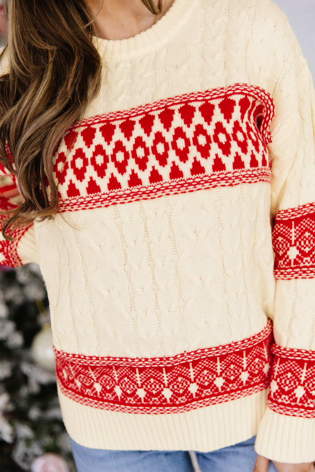 Red Western Print Round Neck Long Sleeve Shift Sweater