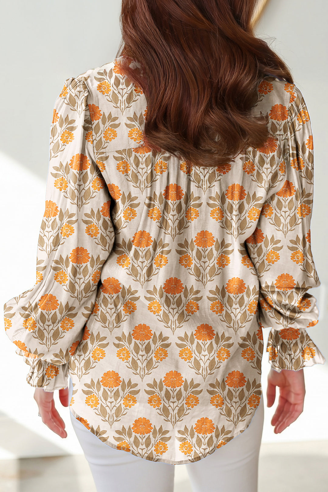Orange Floral Print Contrast Detail V Neck Long Sleeve Blouse