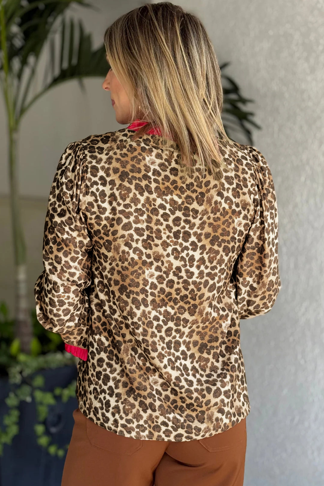 Brown Fierce Leopard Allure Contrast Ruffle Trim V Neck Shirt