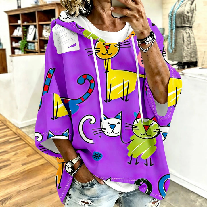 Cartoon Cat Print Hoodie with 3/4 Sleeves &amp; Drawstring