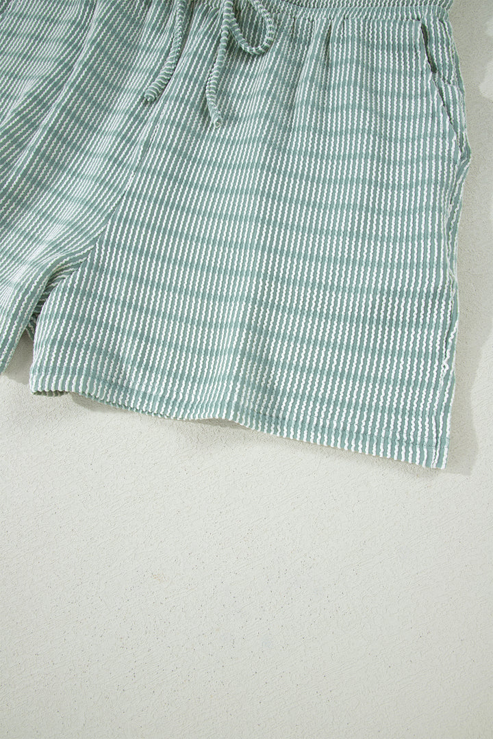 Rose Stripe Raised Rib Loose Tee Drawstring Elastic Waist 2pcs Short Set