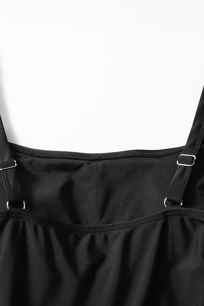 Black Side Tied Waist Square Neck Adjustable Straps A-line One Piece Swim Dress