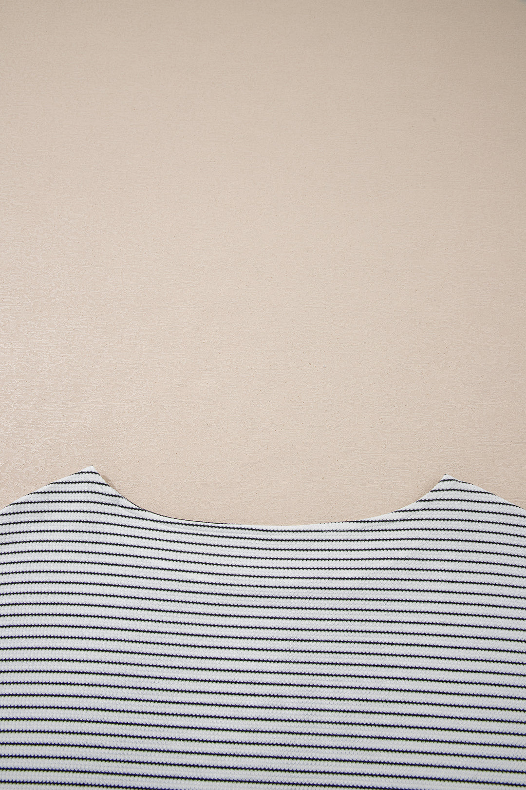 White Stripe Contrasted Ruffle Trim Loose Long Sleeve Top