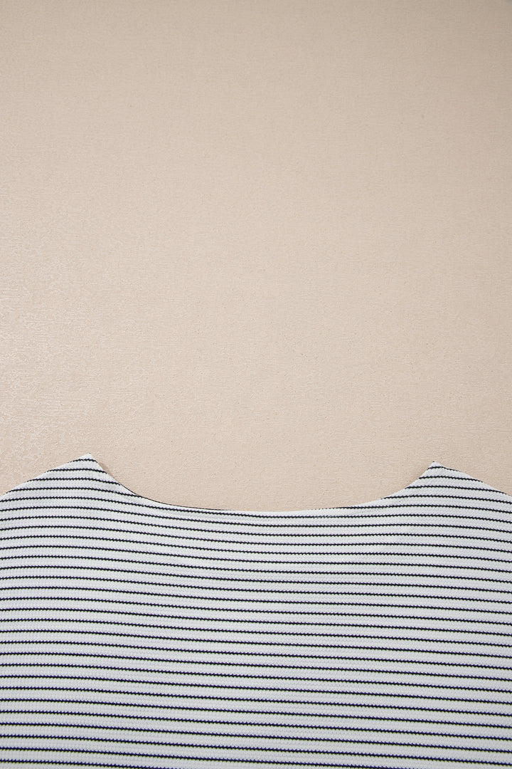 White Stripe Contrasted Ruffle Trim Loose Long Sleeve Top