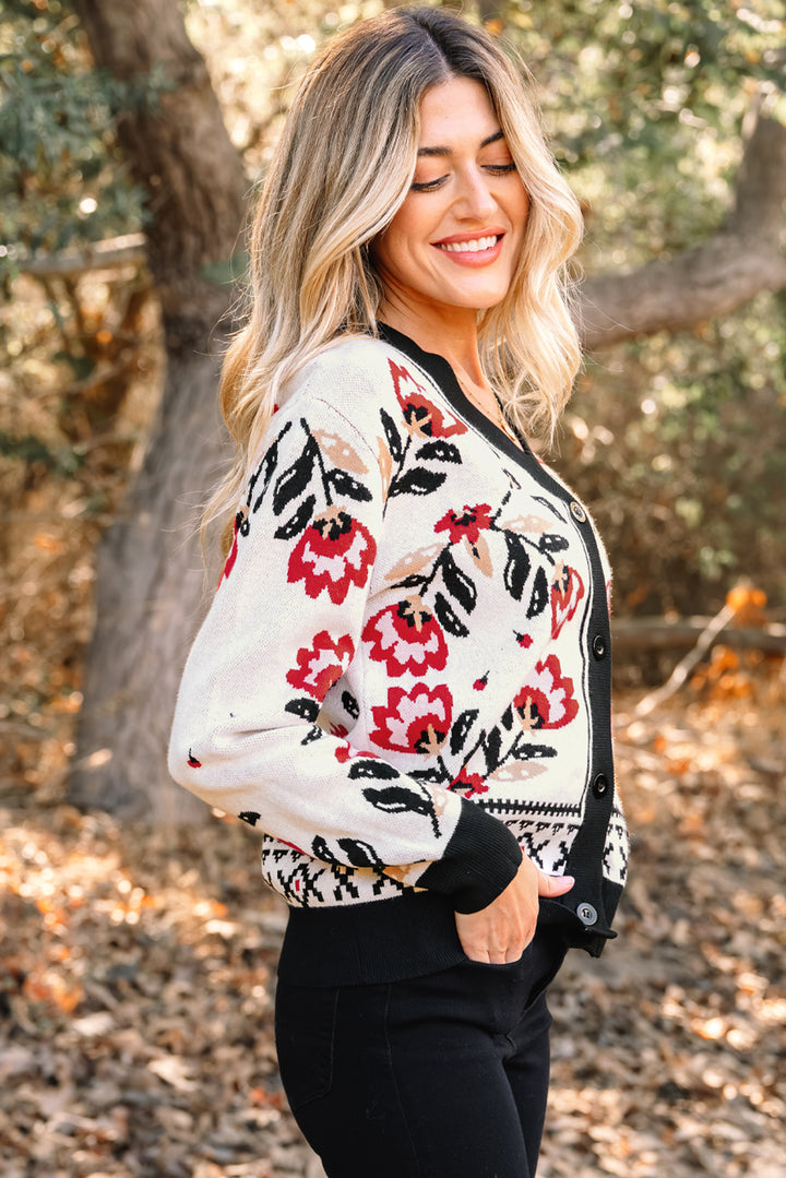 Beige Floral Print Buttoned Front V Neck Knit Cardigan