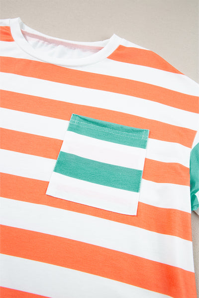 Orange Stripe Contrast Patch Pocket Drop Sleeve T Shirt