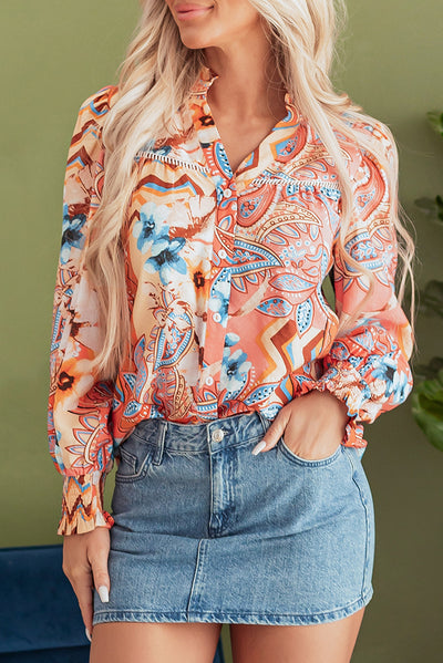 Orange Floral Print Shirred Cuff Buttoned Loose Shirt