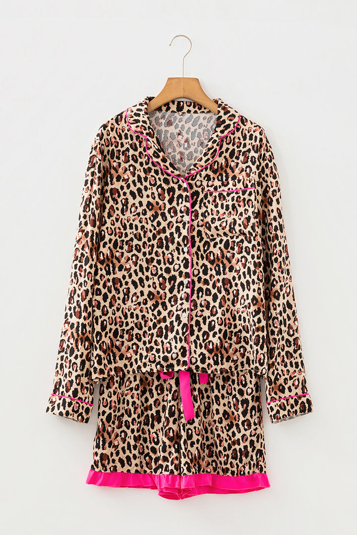 Light French Beige Leopard Print Contrast Trim Long Sleeve Shirt Drawstring Ruffle Hem Short Set