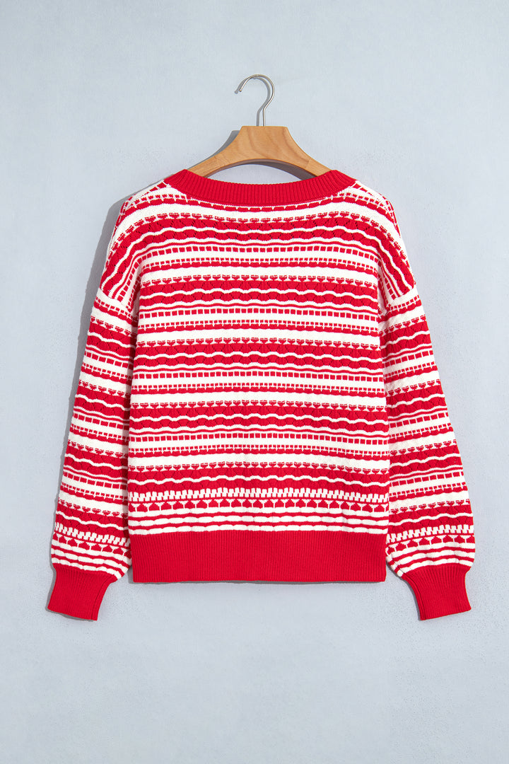 Red Geometric Striped Pattern V Neck Button Front Casual Knit Cardigan