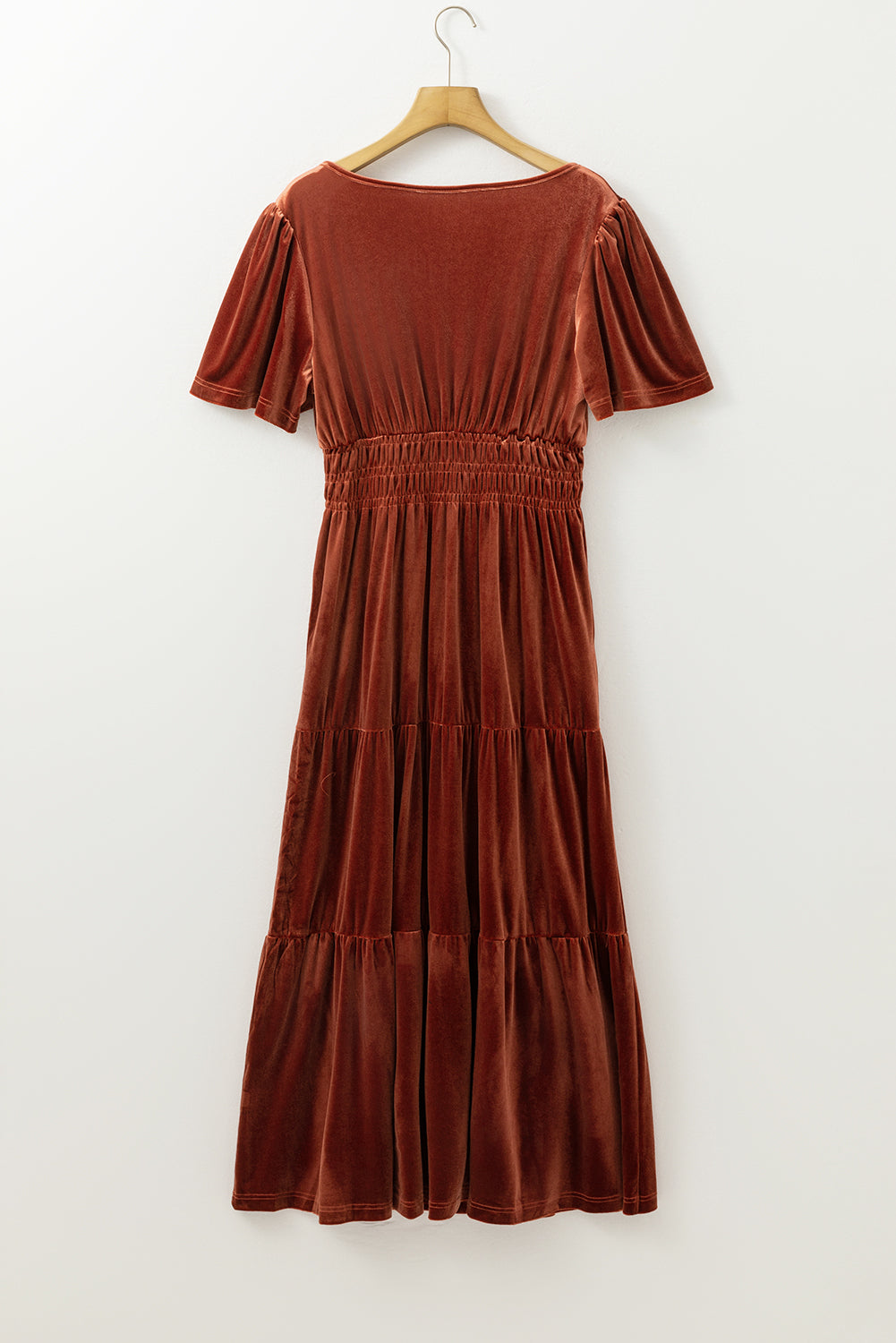 Chestnut Velvet Short Sleeve Shirred Waist Tiered Maxi Dress