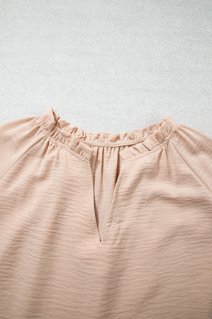 Parchment V Neck Gathered Cuff Three Quarter Sleeve Blouse