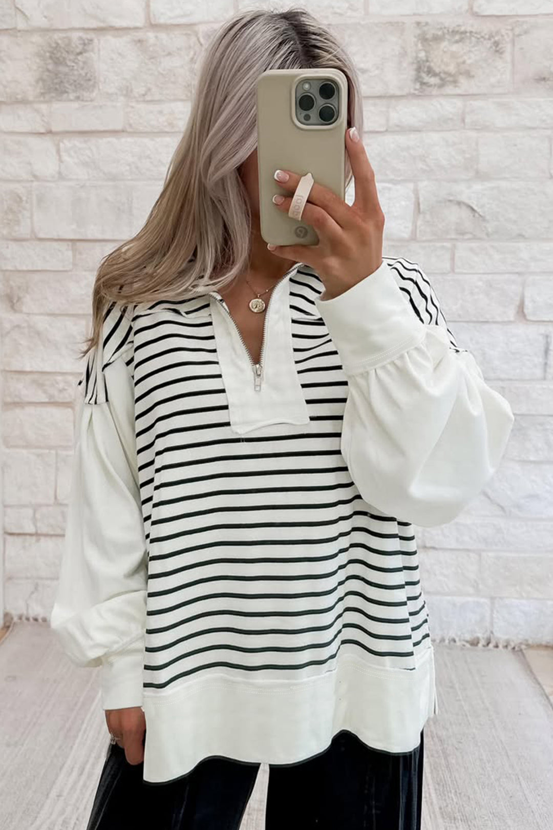 White Stripe Color Block Long Puff Sleeve Metal Zip-Up Collar Top