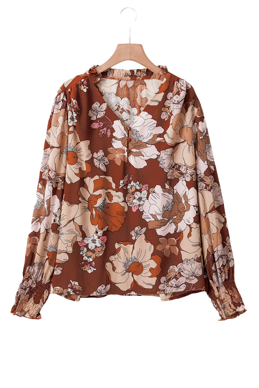 Brown Frilled V Neck Bubble Sleeve Floral Blouse