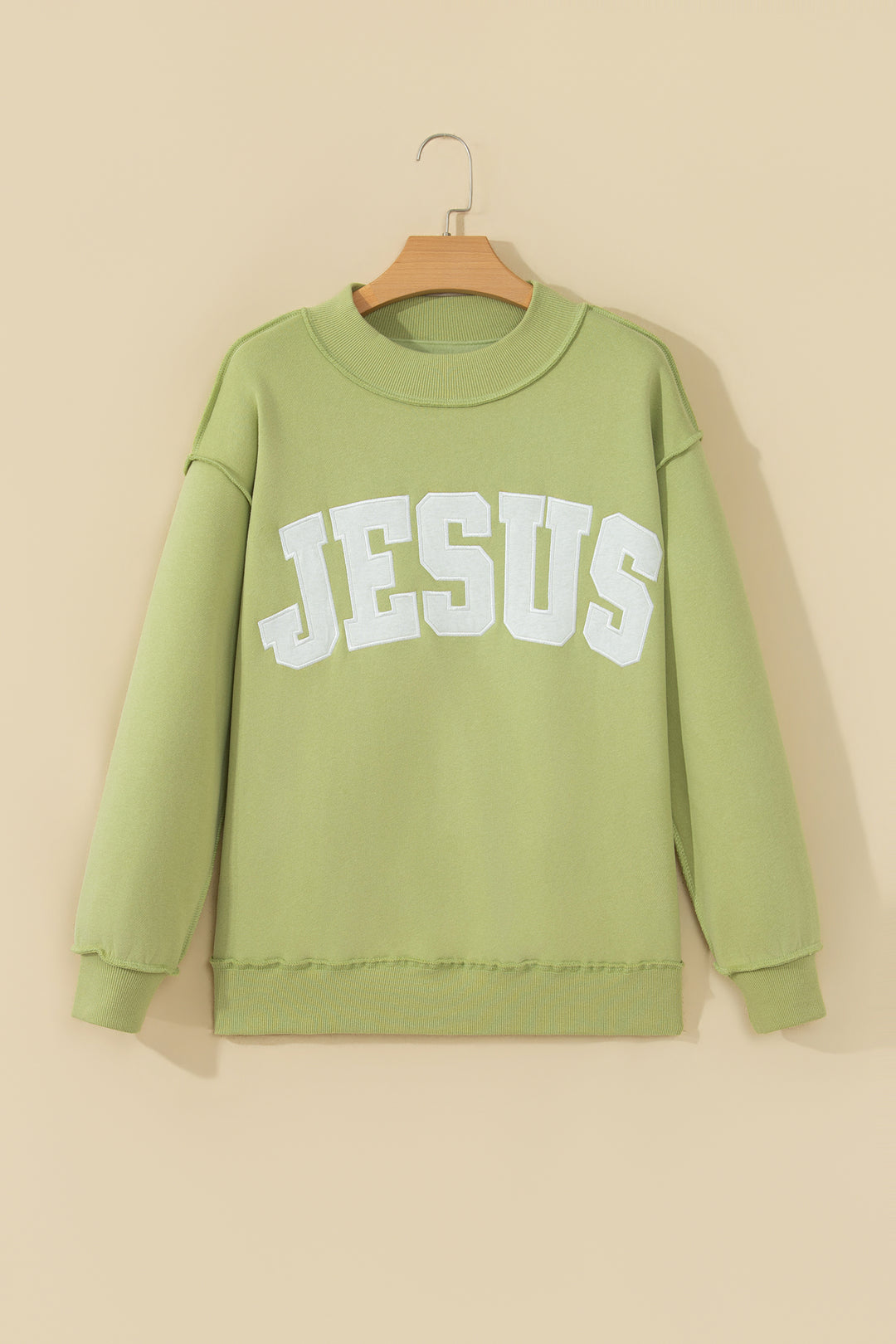 Meadow Mist Green JESUS Letter Patch Graphic Exposed Seam Mock Neck Baggy Sweatshirt