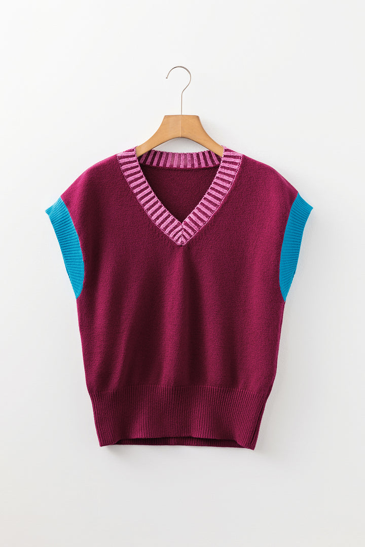 Burgundy Contrast Trim V Neck Cuffed Short Sleeve Loose Sweater