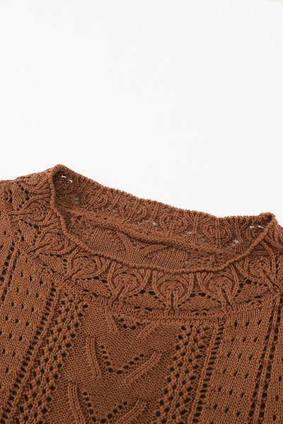 Brown Crochet Lace Pointelle Knit Sweater