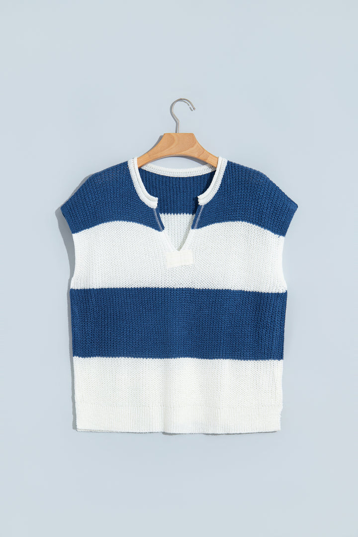 Brown Stripe Striped Colorblock Knit V Neck Short Sleeve Loose Sweater