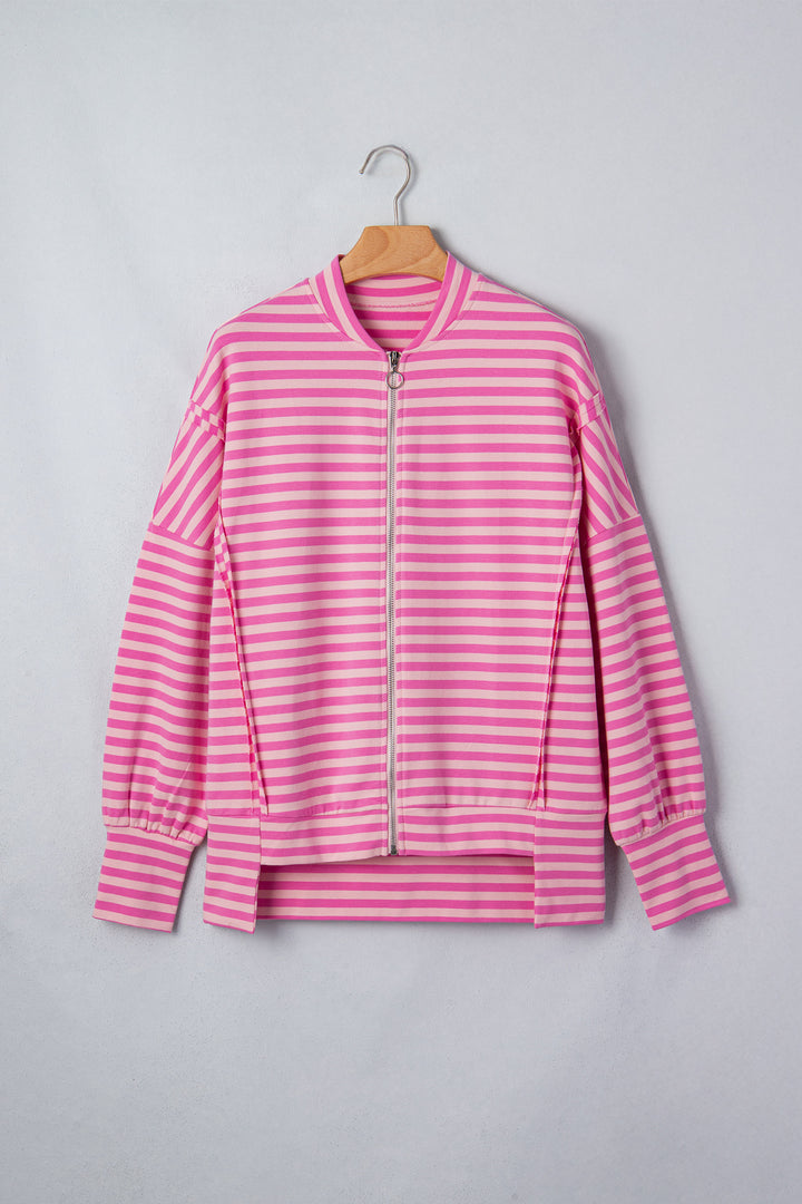 Pink Stripe Zip-up Puff Sleeve Zip Jacket Sweatshirt