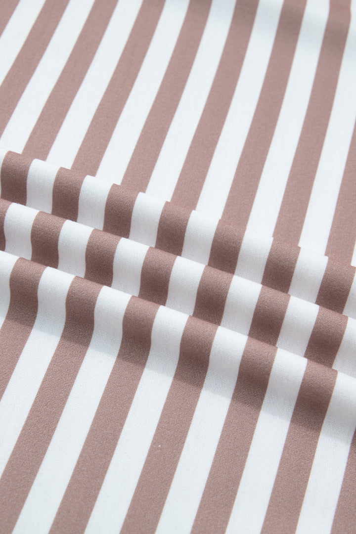 Orange Stripe Ribbed Trim Round Neck Short Puff Sleeve Plus T Shirt