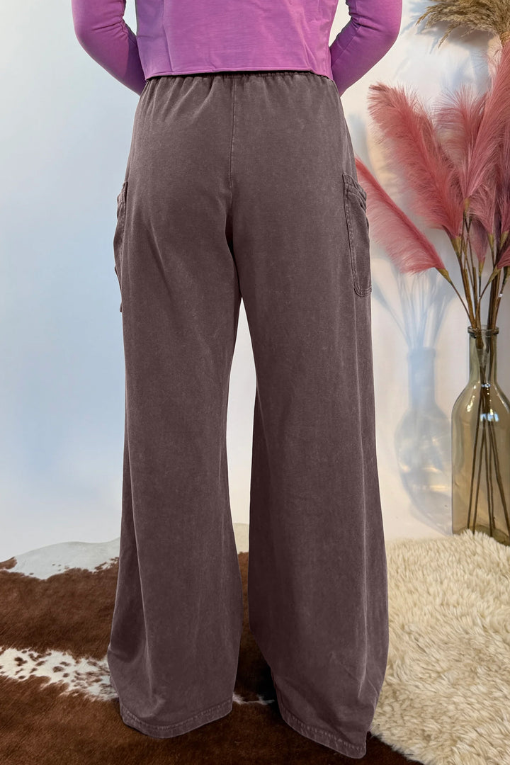 Dark Brown Cotton Mineral Wash Elastic Waist Drawstring Tie Detail Cargo Pants