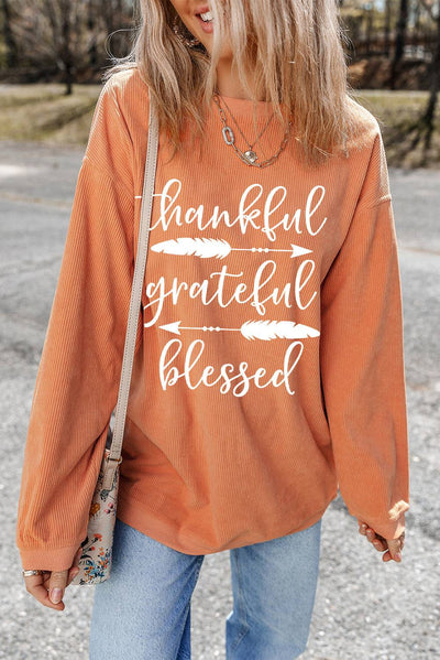 Orange thankful grateful blessed Arrow Graphic Corded Sweatshirt