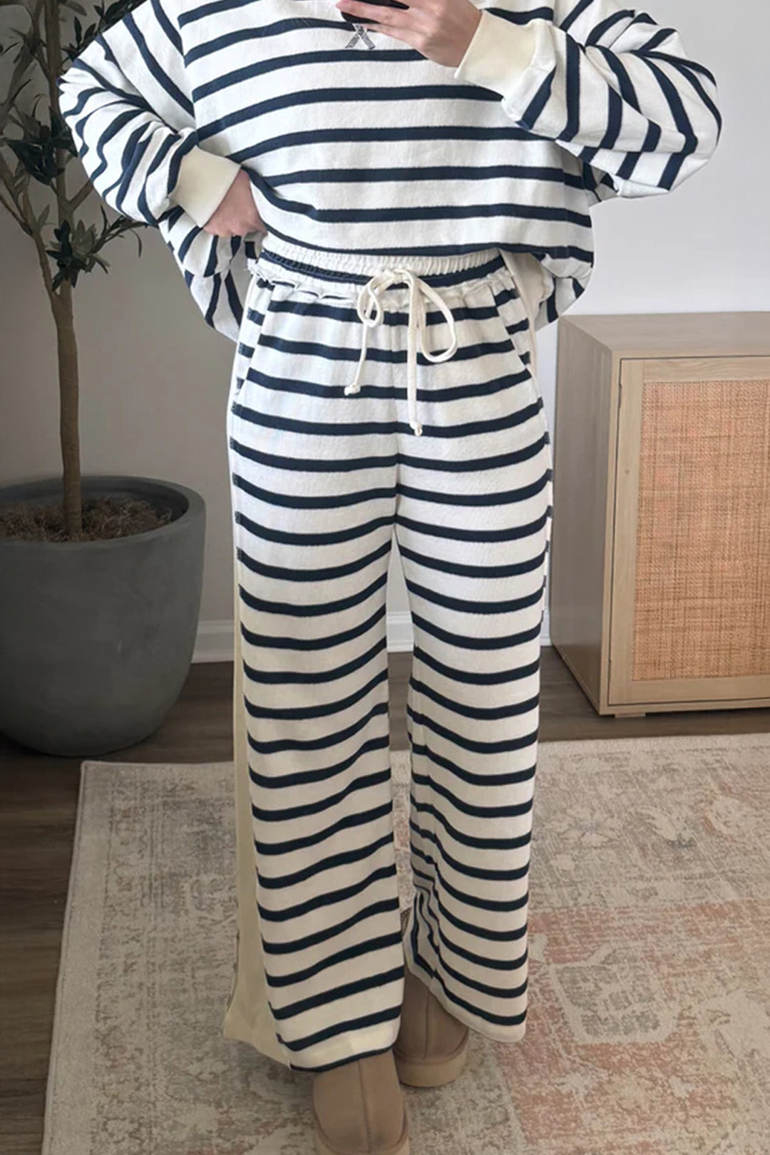 Blue Stripe Striped Ribbed Cuff Collar Pocket Loose Pant Set