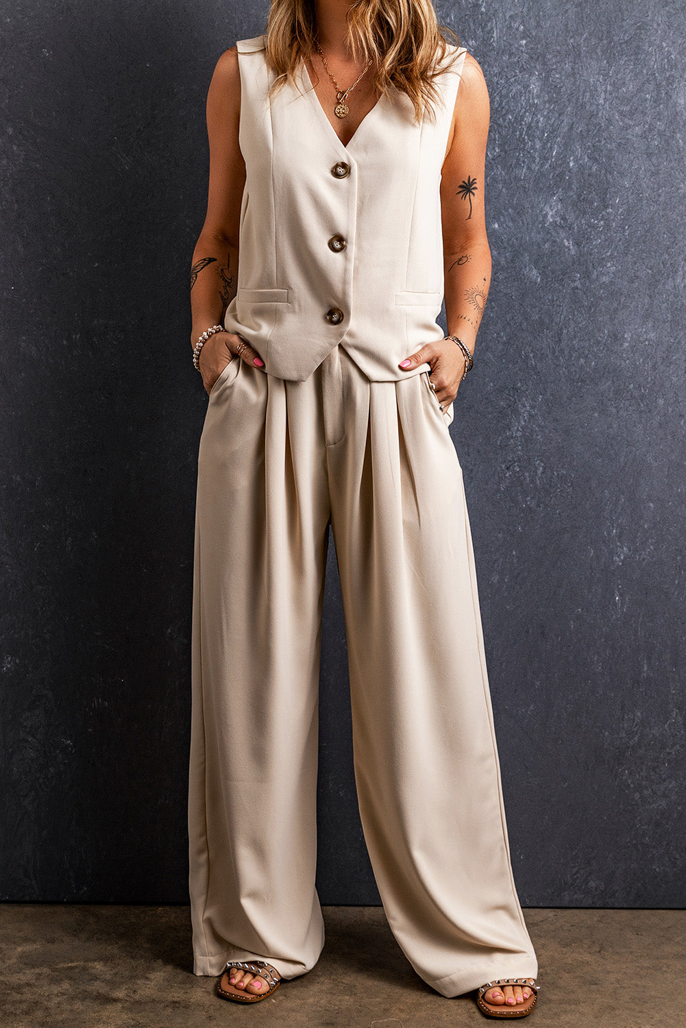 Apricot Elastic Waist Pleated Wide Leg Pants