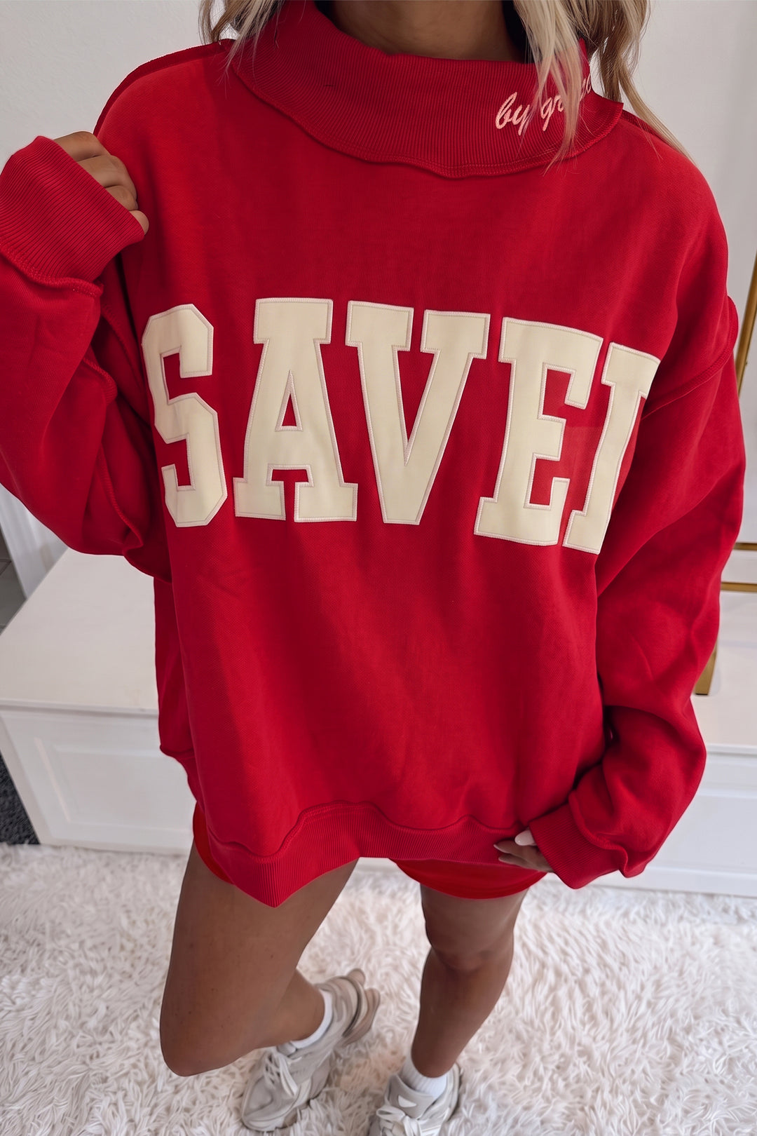 Gray Saved By Grace Embroidered Detail Letter Graphic High Neck Sweatshirt