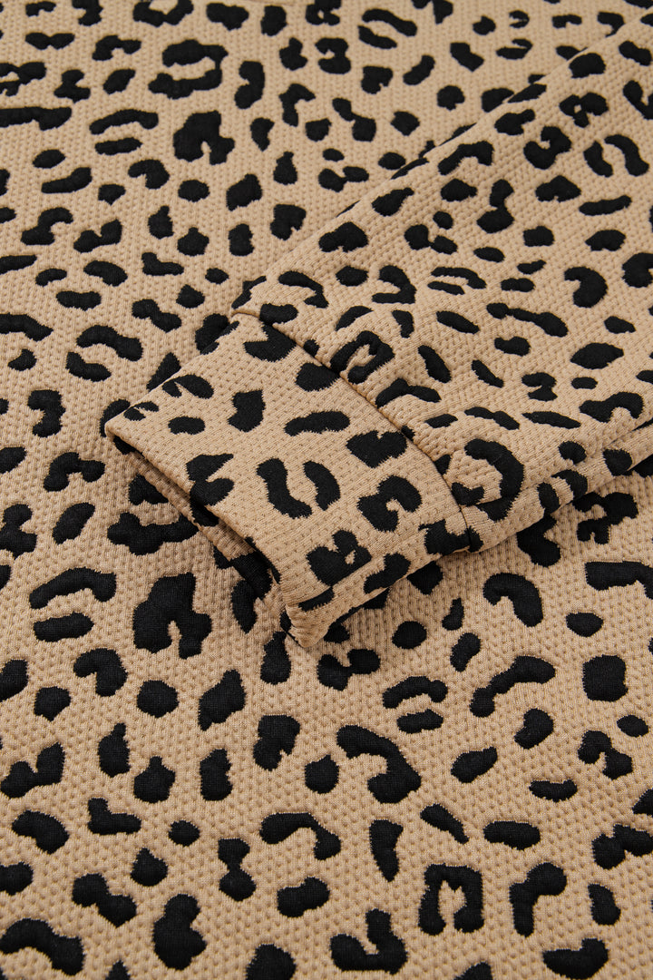 Parchment Leopard Polo Collar V Neck Pullover Top