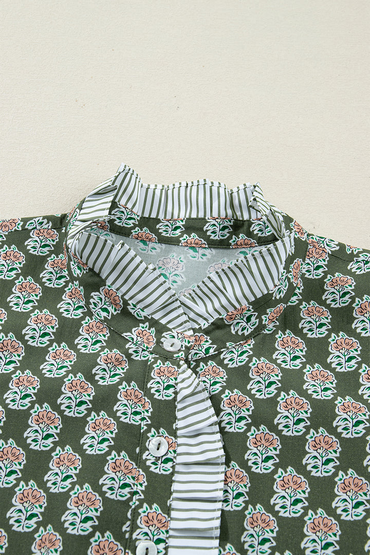 Green Contrast Striped Frilled Collar 3/4 Sleeve Plus Size Floral Dress