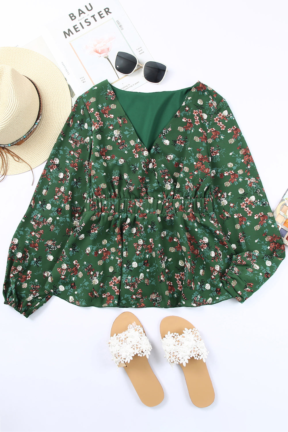 Green Floral Print Wrap V Neck Peplum Top