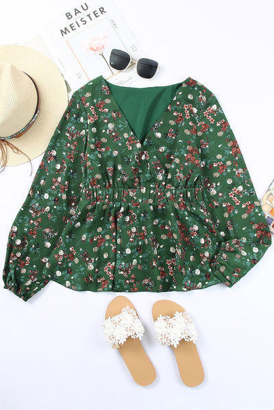 Green Floral Print Wrap V Neck Peplum Top