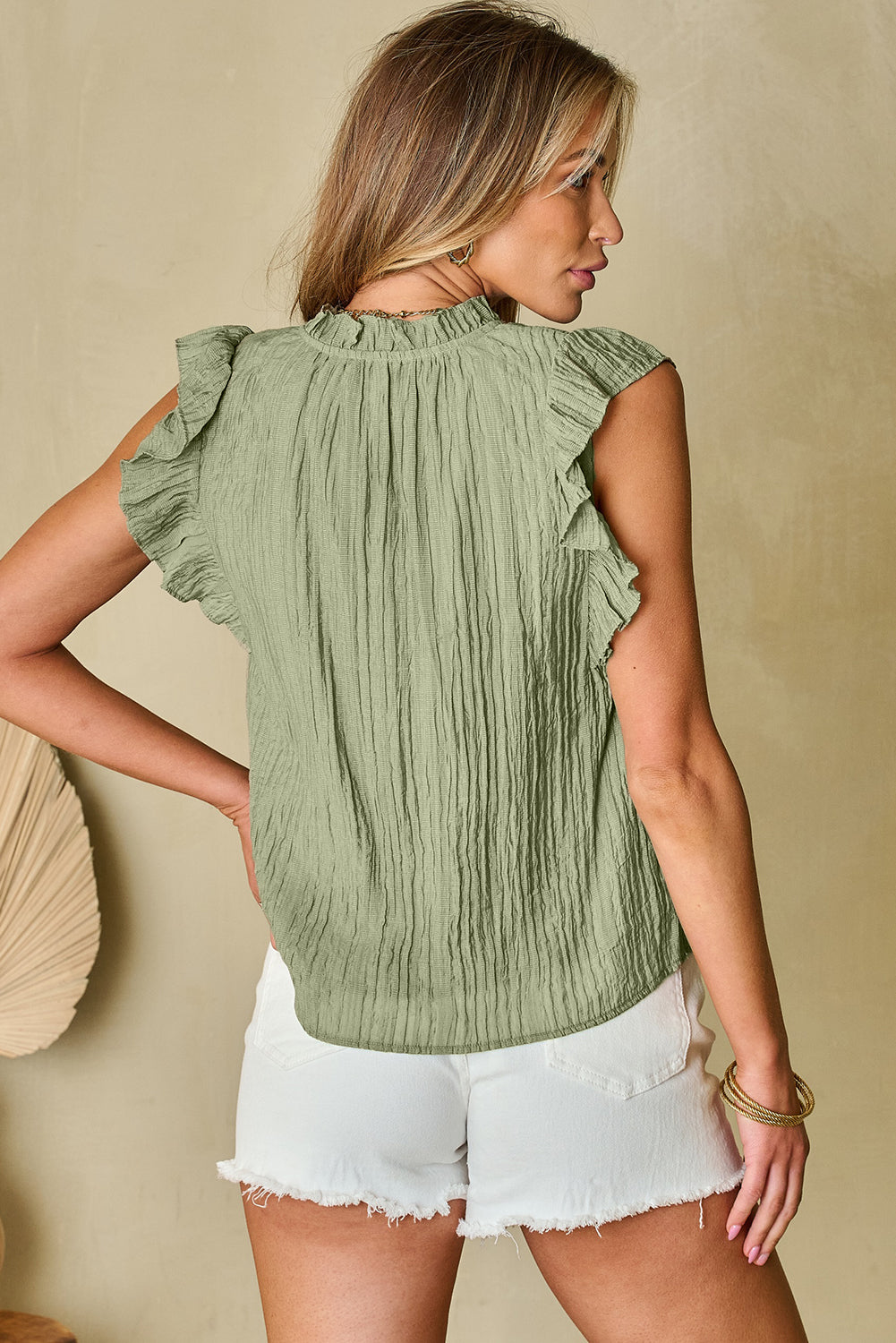 Meadow Mist Green V Neck Flutter Sleeve Textured Blouse