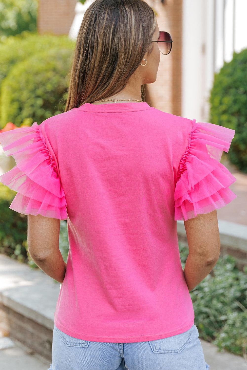 Pink Tulle Ruffle Sleeve Blouse