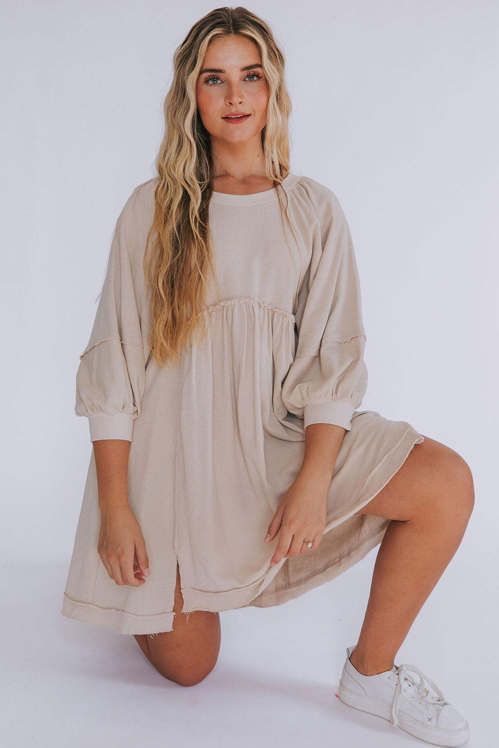 Oatmeal 3/4 Sleeves High Waist Slits Mini Dress