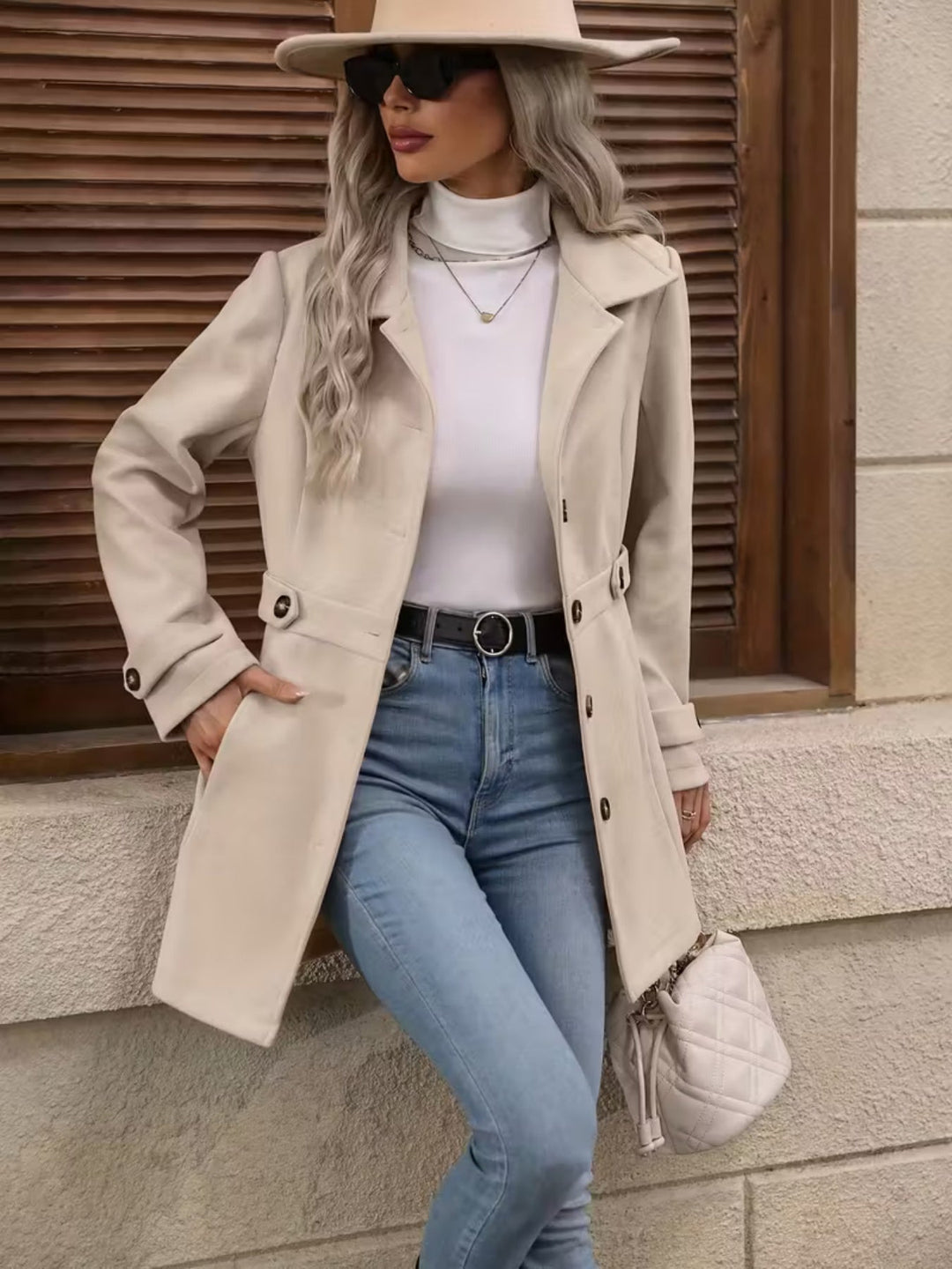 Women’s Elegant Woolen Coat – Medium-Length Lapel Slim Fit Winter Coat