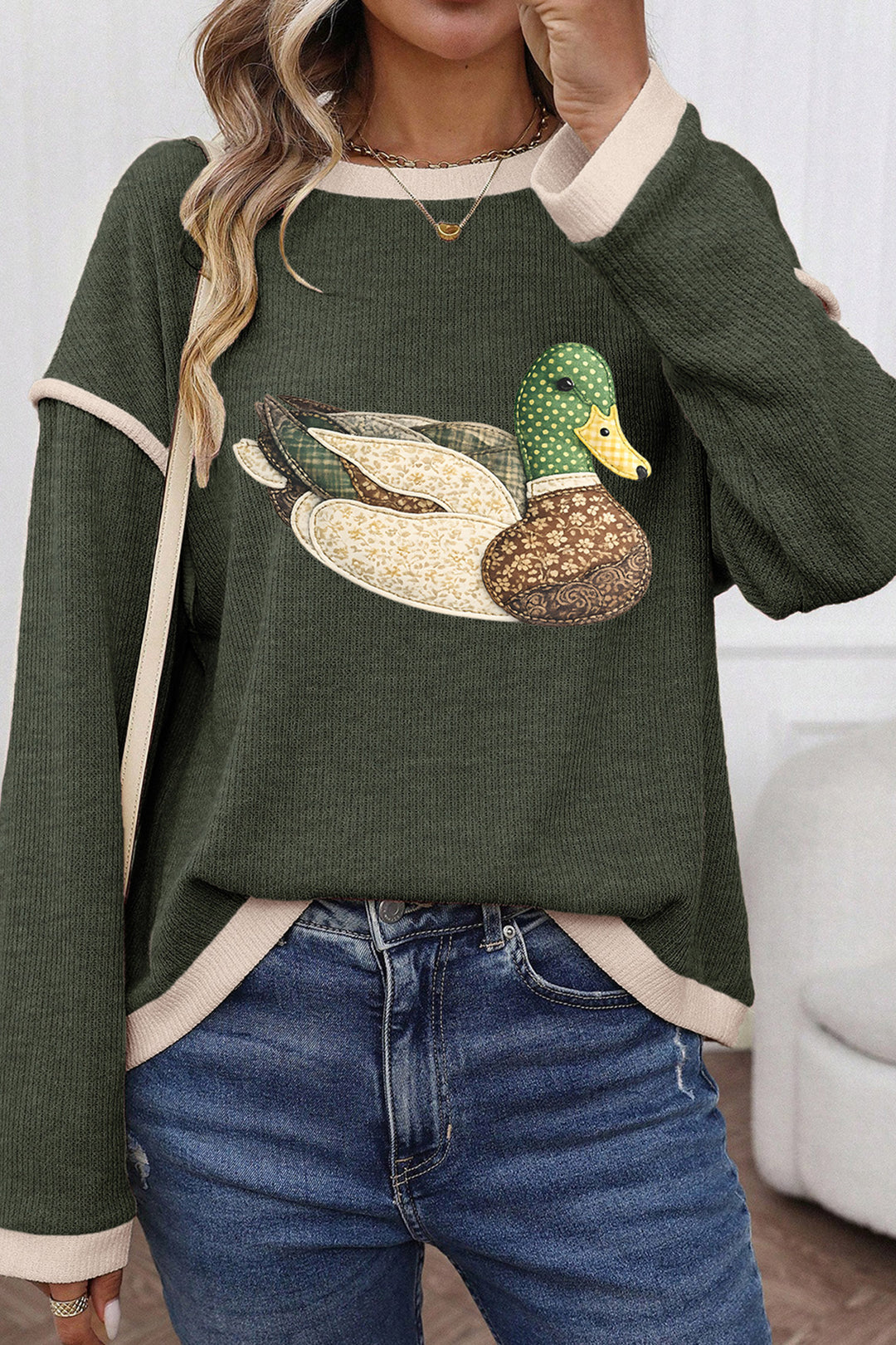 Four Leaf Clover Mallard Duck Graphic Contrast Trim Patchwork Casual Knit Top