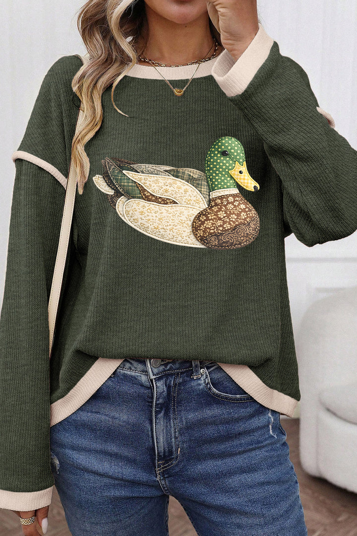 Four Leaf Clover Mallard Duck Graphic Contrast Trim Patchwork Casual Knit Top