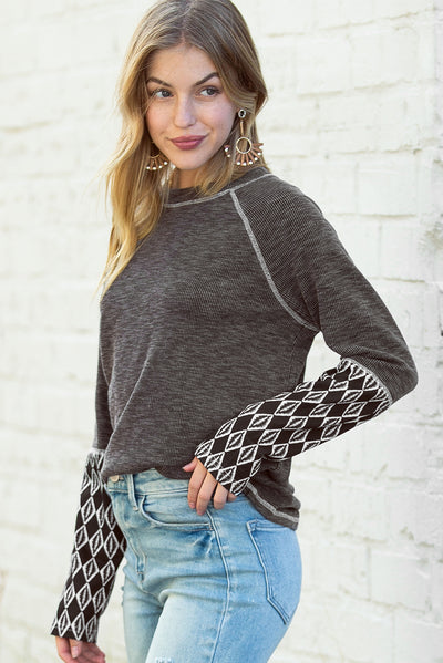 Gray Aztec Patchwork Ribbed Long Sleeve Top