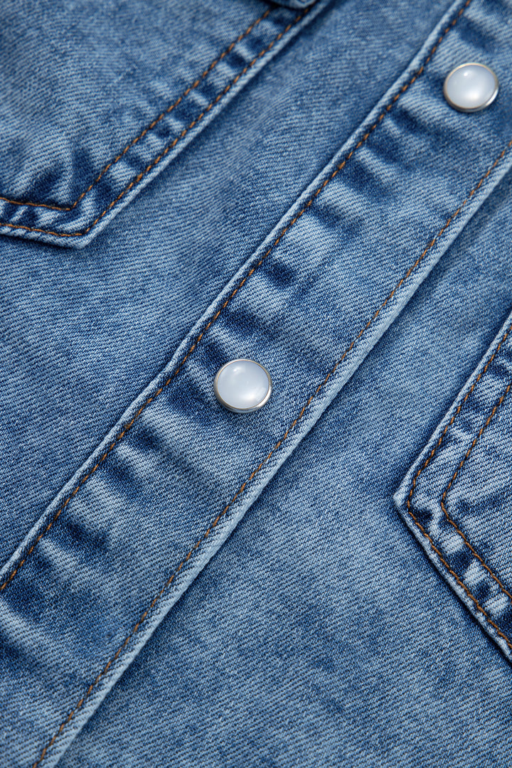 Dusk Blue Buttoned Front Collared Denim Sleeveless Top